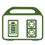 Grafik für Powerstation: Zu sehen ist ein Solarkoffer mit Symbol für volle Ladung sowie zwei integrierten Steckdosen.