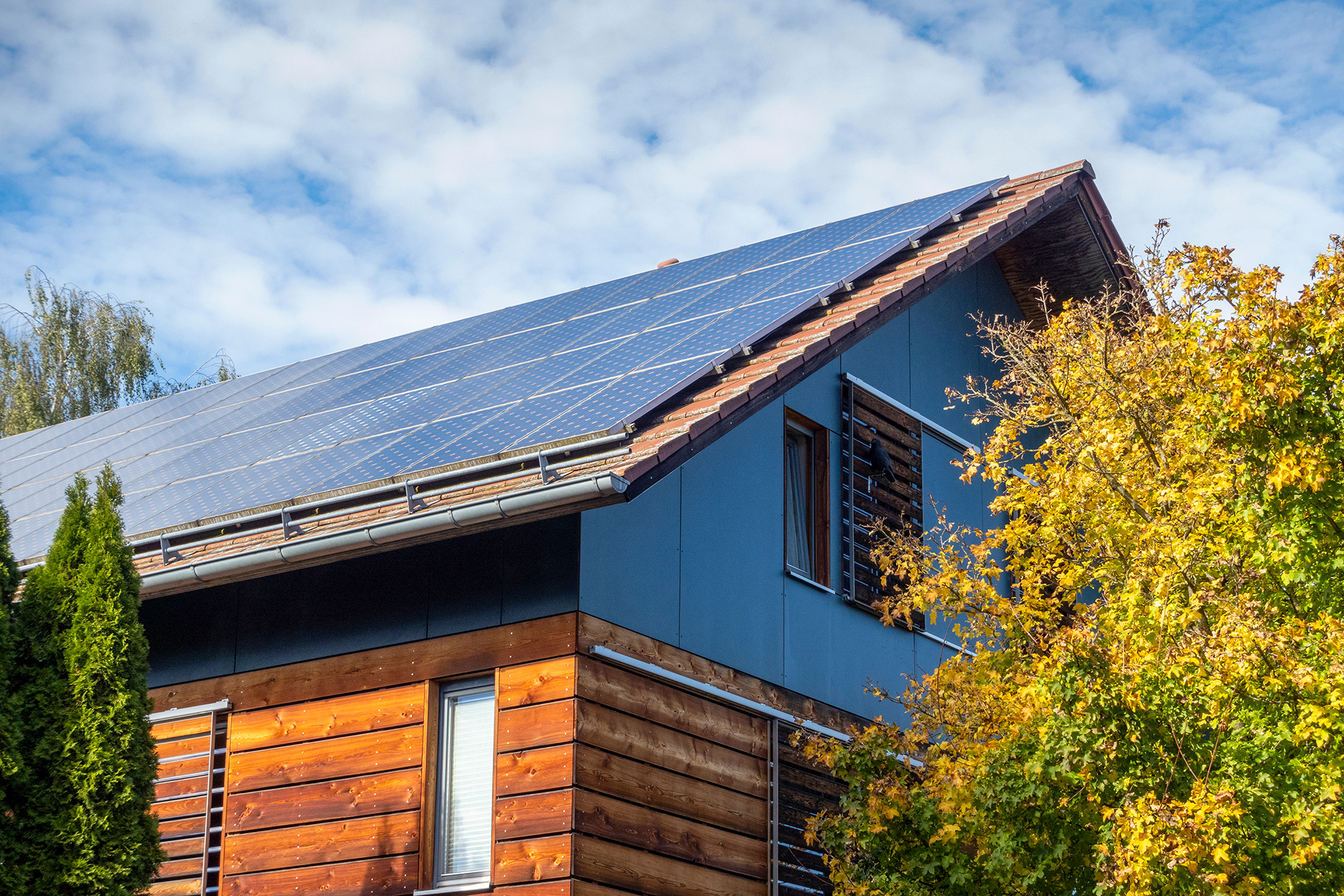 Seitenansicht eines Einfamilienhauses. Der untere Teil ist mit Holz verkleidet. Auf dem Dach ist eine Photovoltaikanlage installiert. An den Seiten des Hauses stehen Bäume.