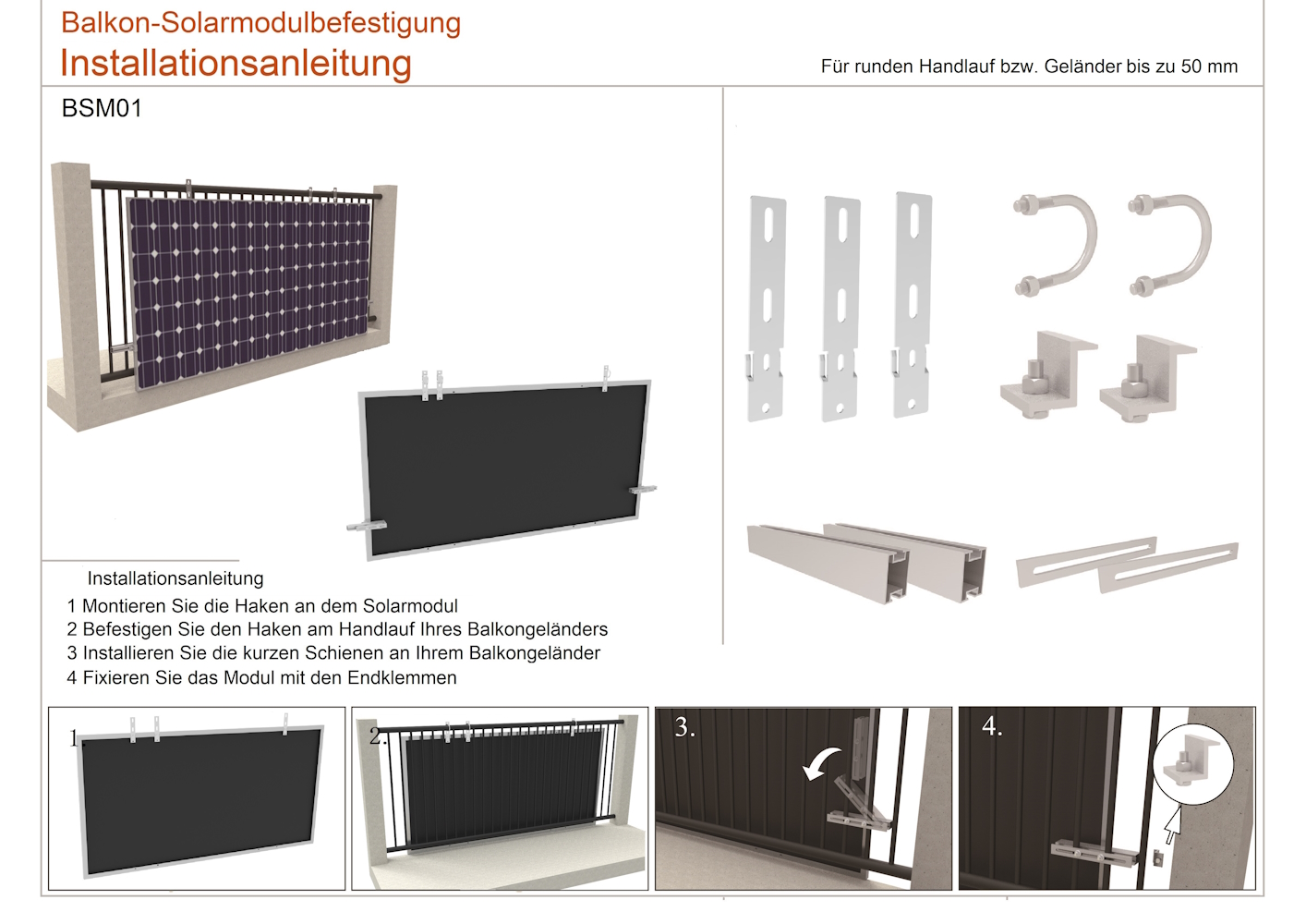 Montagehalterung für Balkon mit rundem Handlauf - Set für 2 Module (MON-BSMRO)